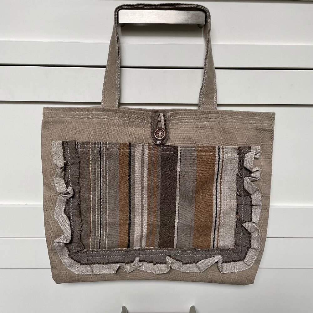 Hand Crafted Fabric Tote Bag w Pockets in Solid Tan & Stripes Brown Grey Sz OS